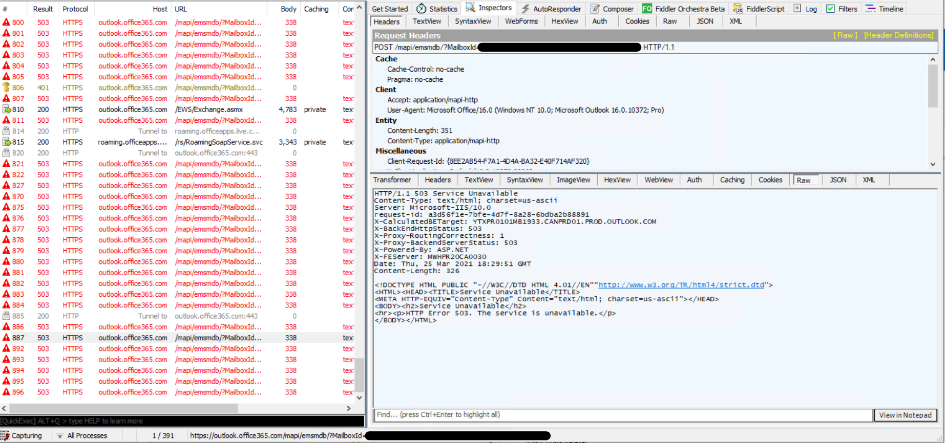 outlook http error 503. the service is unavailable.