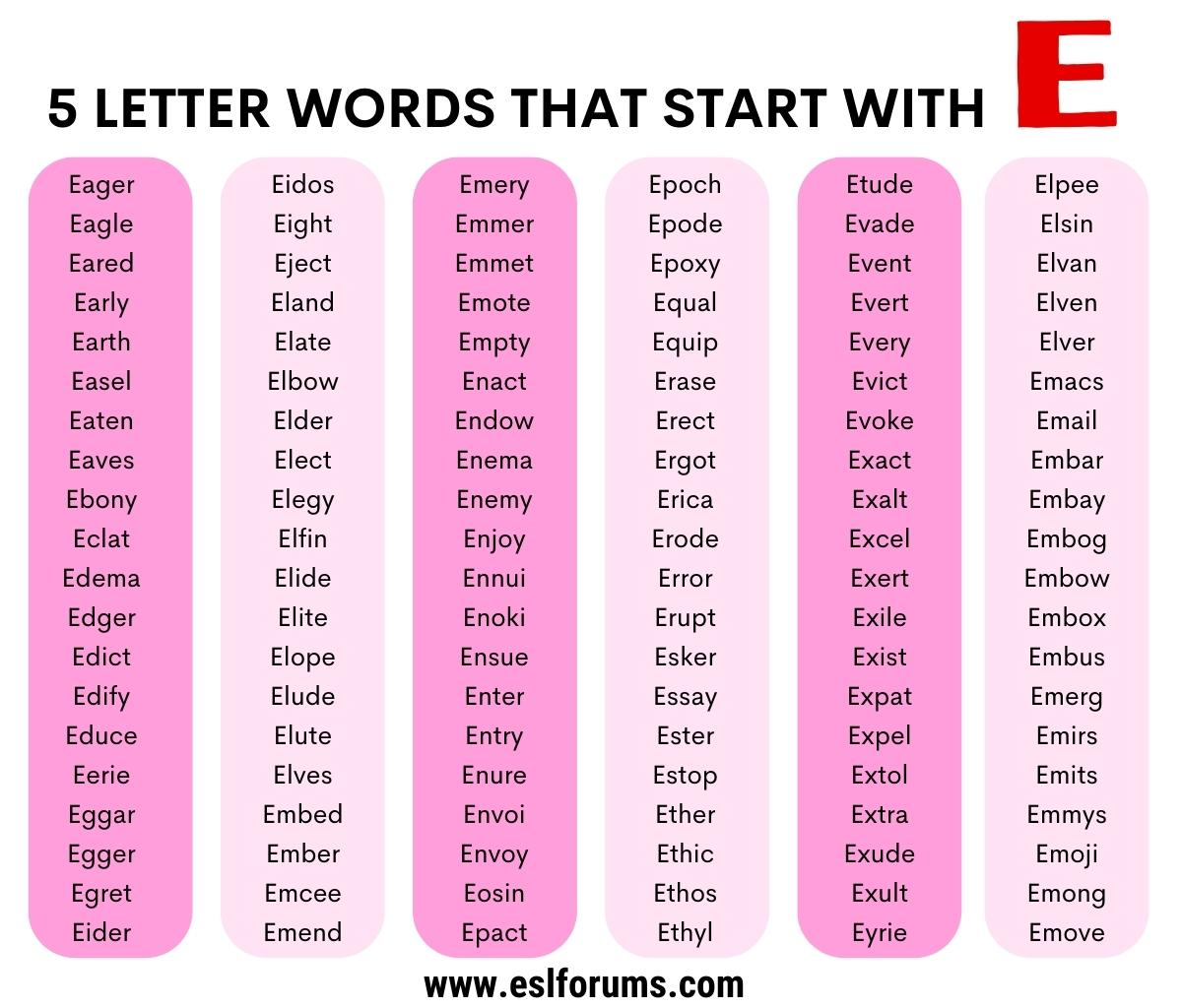 five letter word starting with e