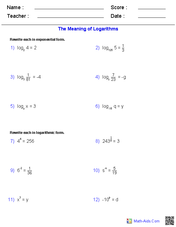 logarithmic functions worksheet