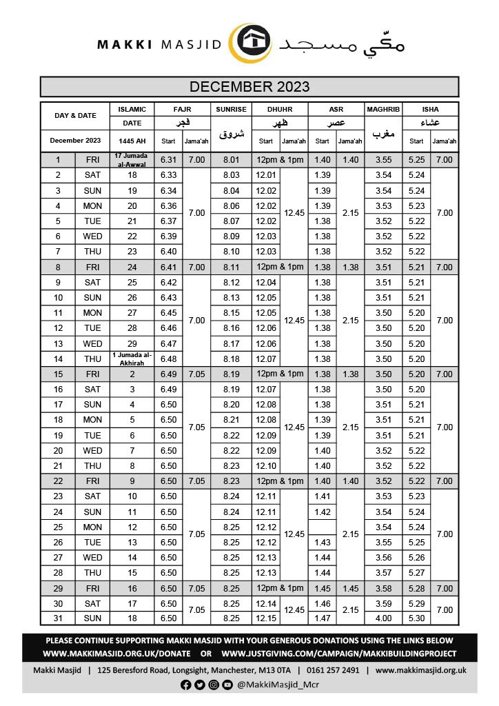 makki masjid prayer timetable