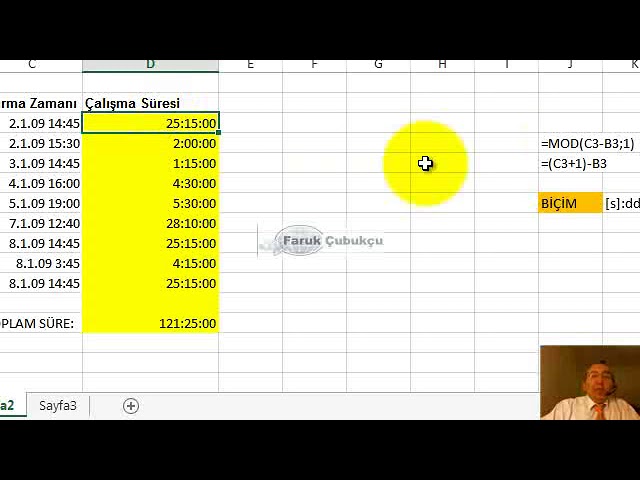 excel mesai saati toplama