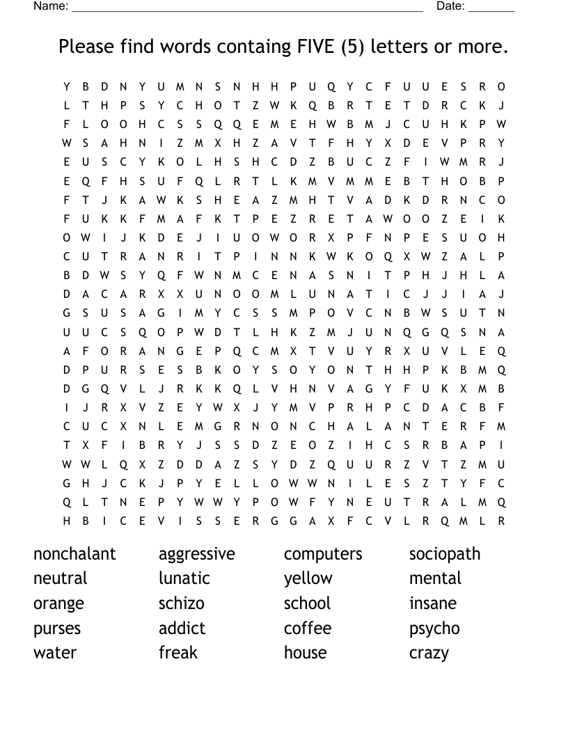 word search 5 letters