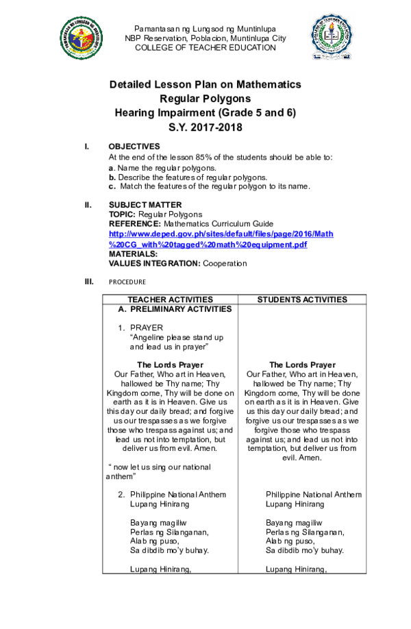 detailed lesson plan about polygons