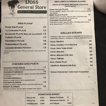 doss general store & cafe menu