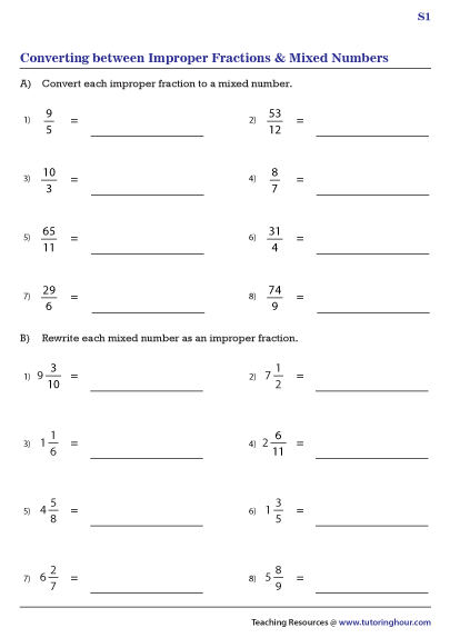 mixed and improper fractions worksheet