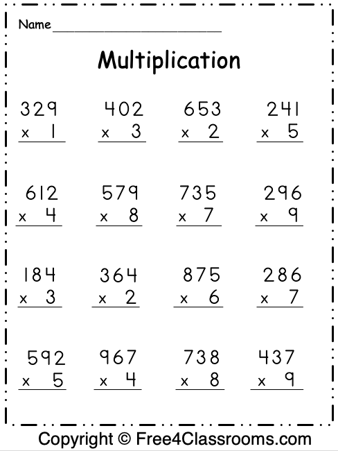 3 digit by 1 digit multiplication