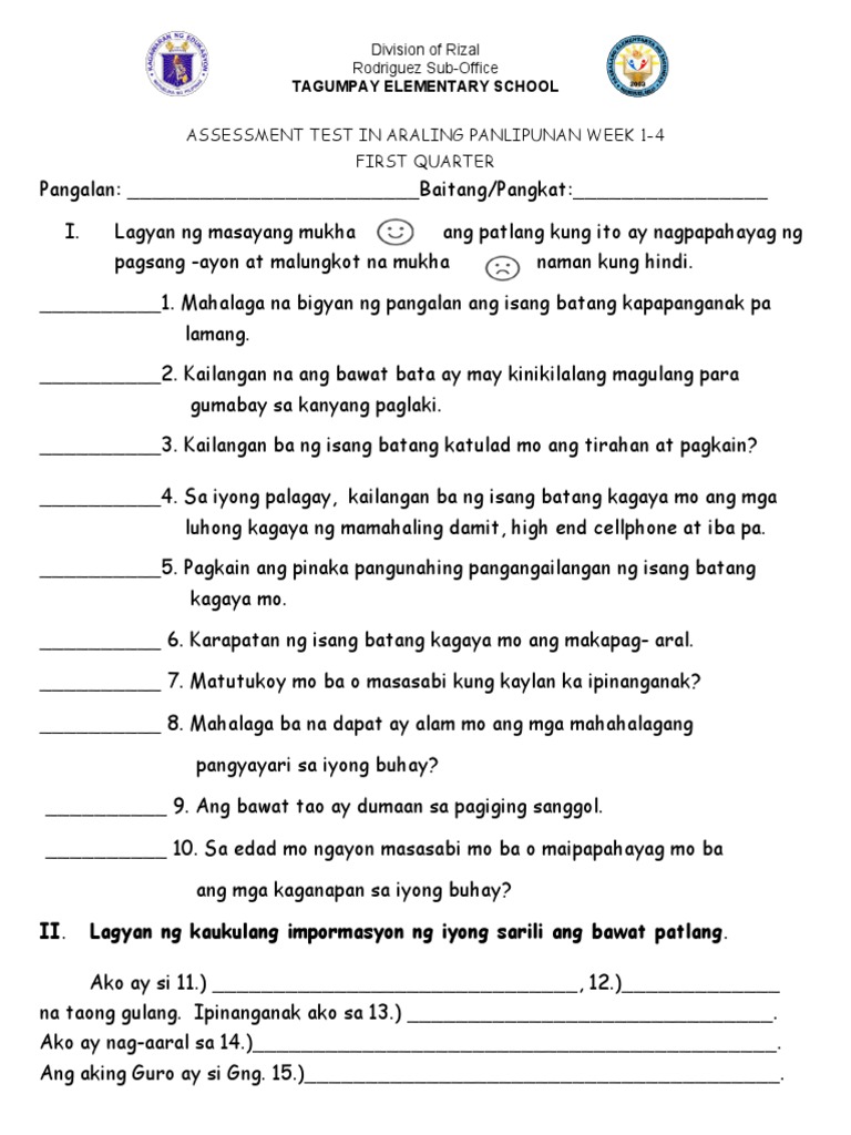 1st araling panlipunan grade 1 worksheets