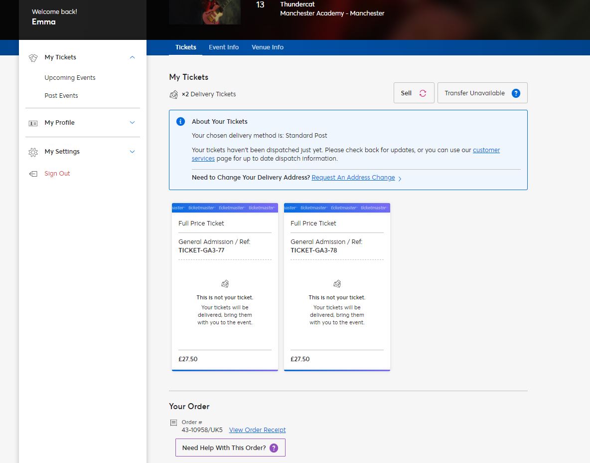 my ticketmaster order