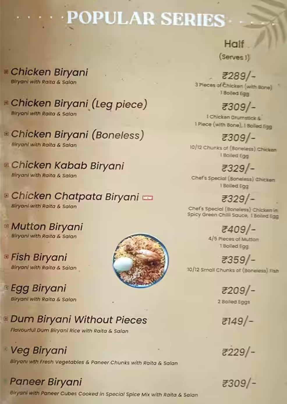 manis biryani menu