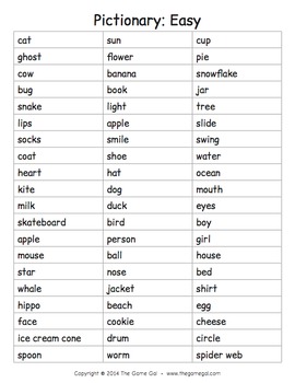 list of words pictionary