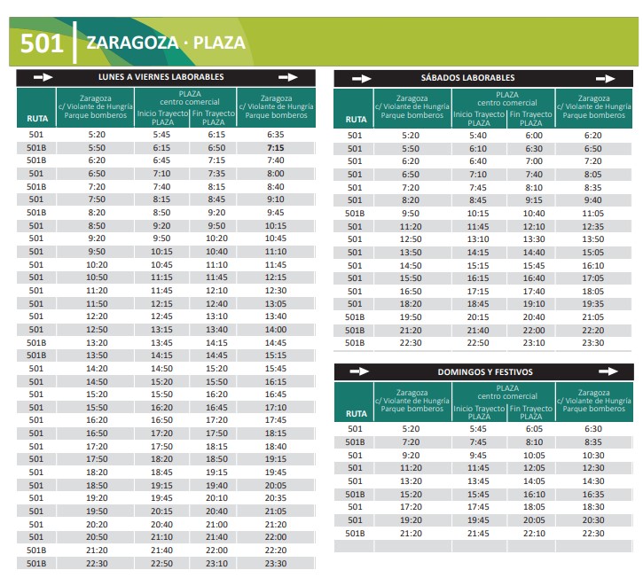 línea 501 zaragoza horarios