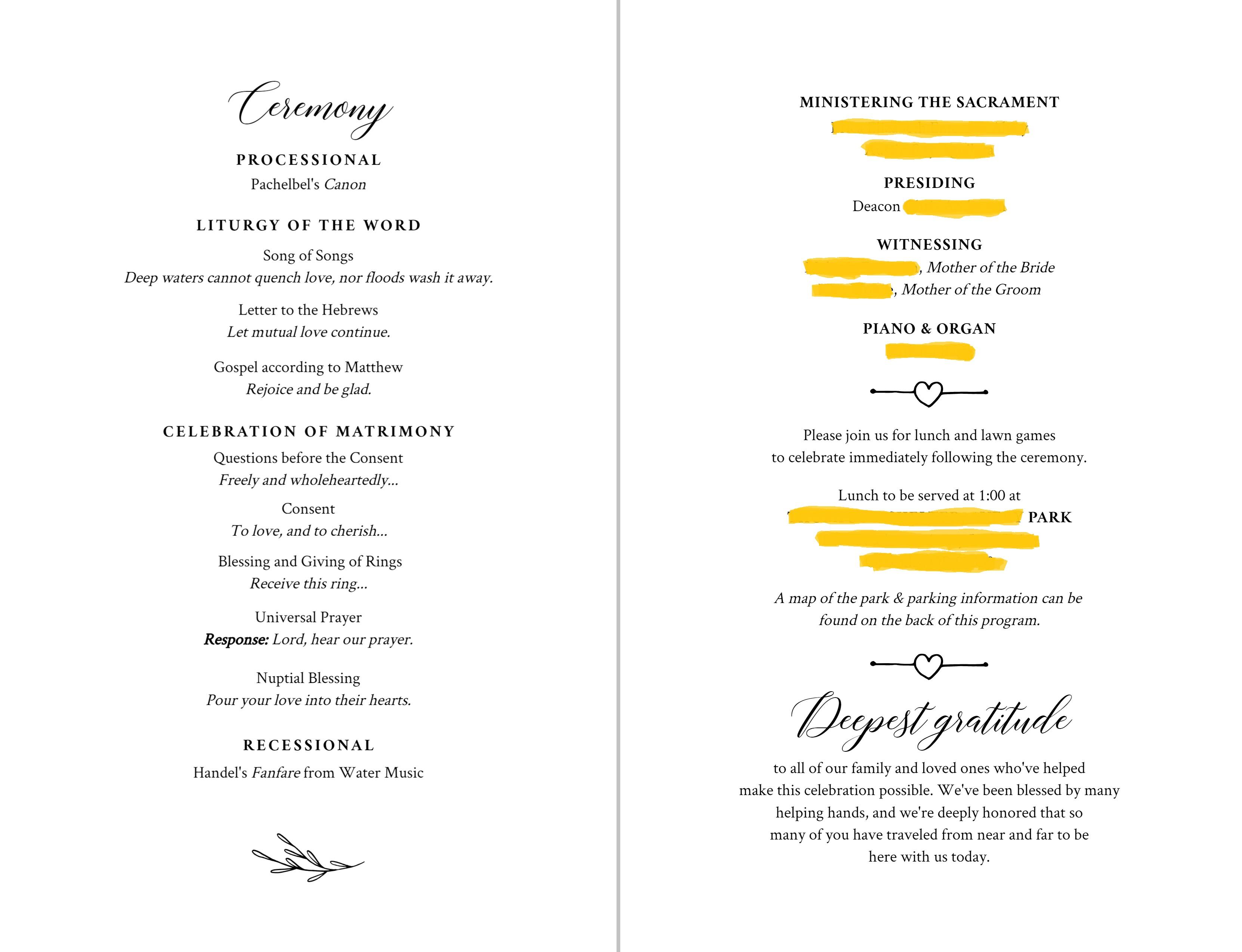 catholic wedding program template without mass