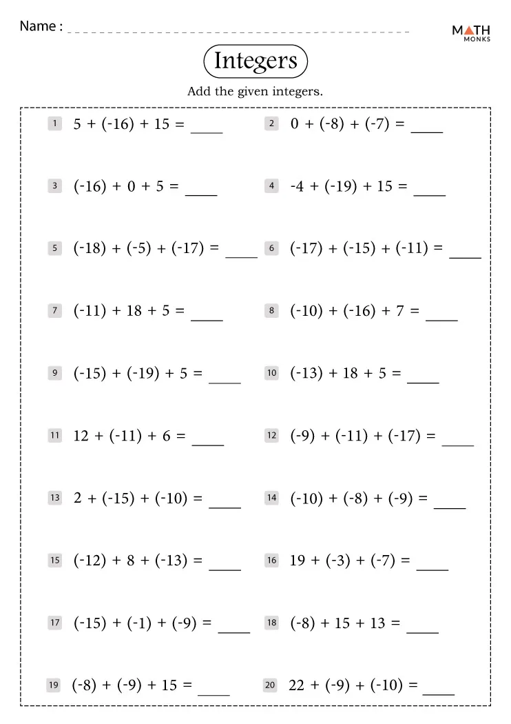 integers worksheet grade 7