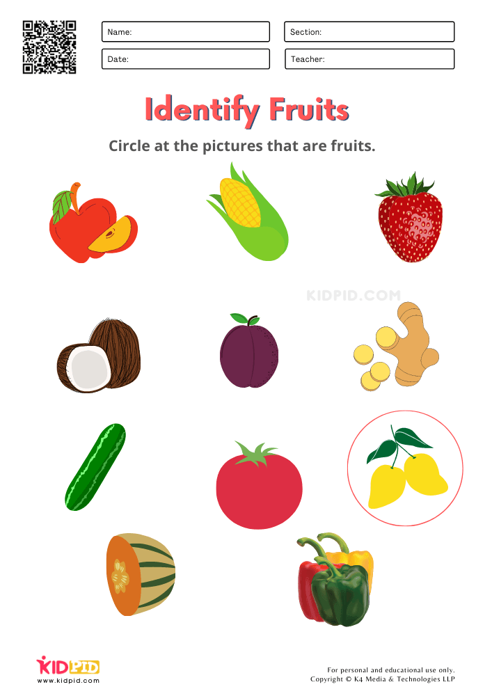 matching fruits and vegetables worksheets for kindergarten