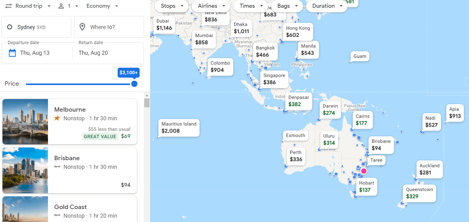 google flights aud