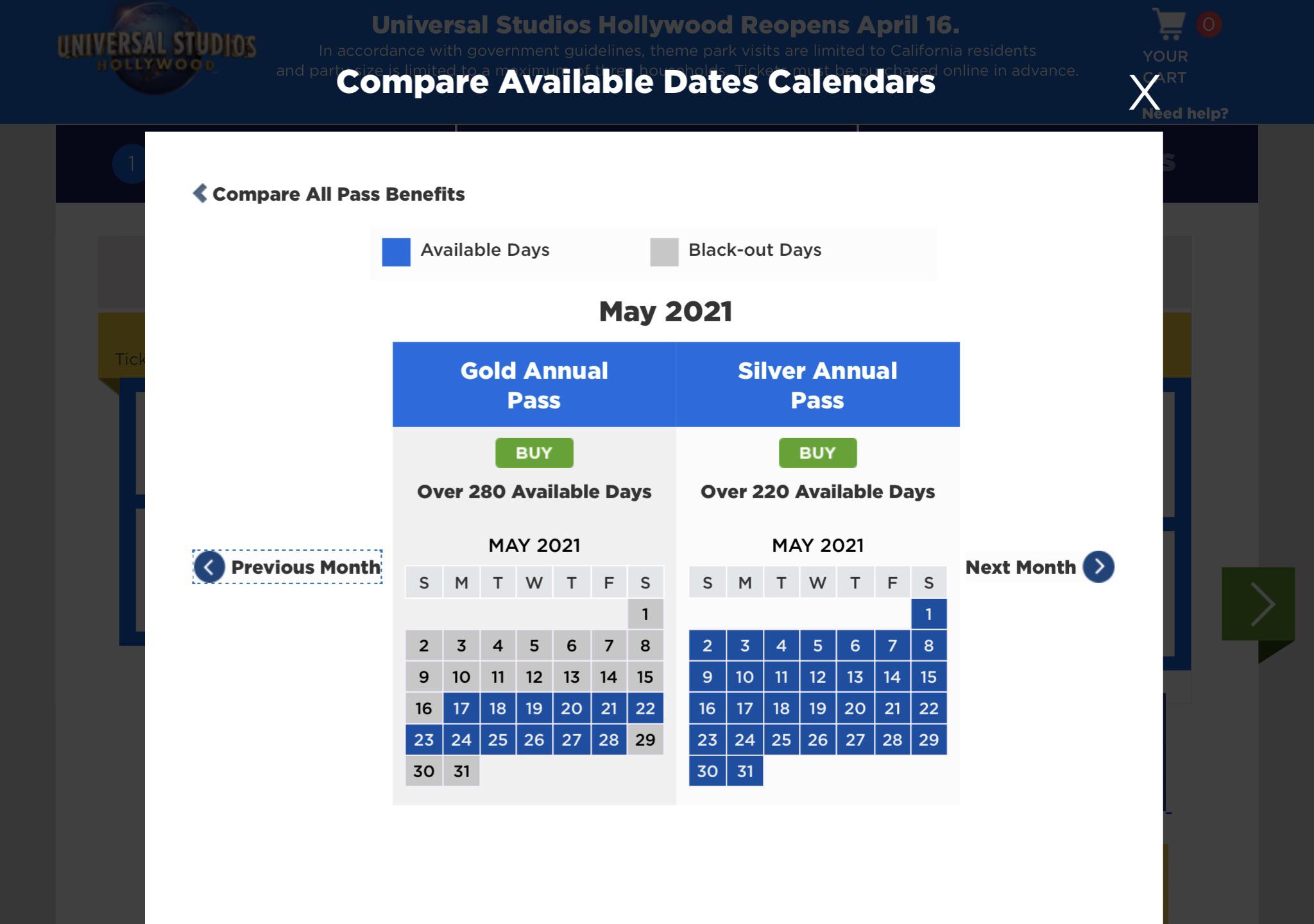 silver pass blackout dates universal studios