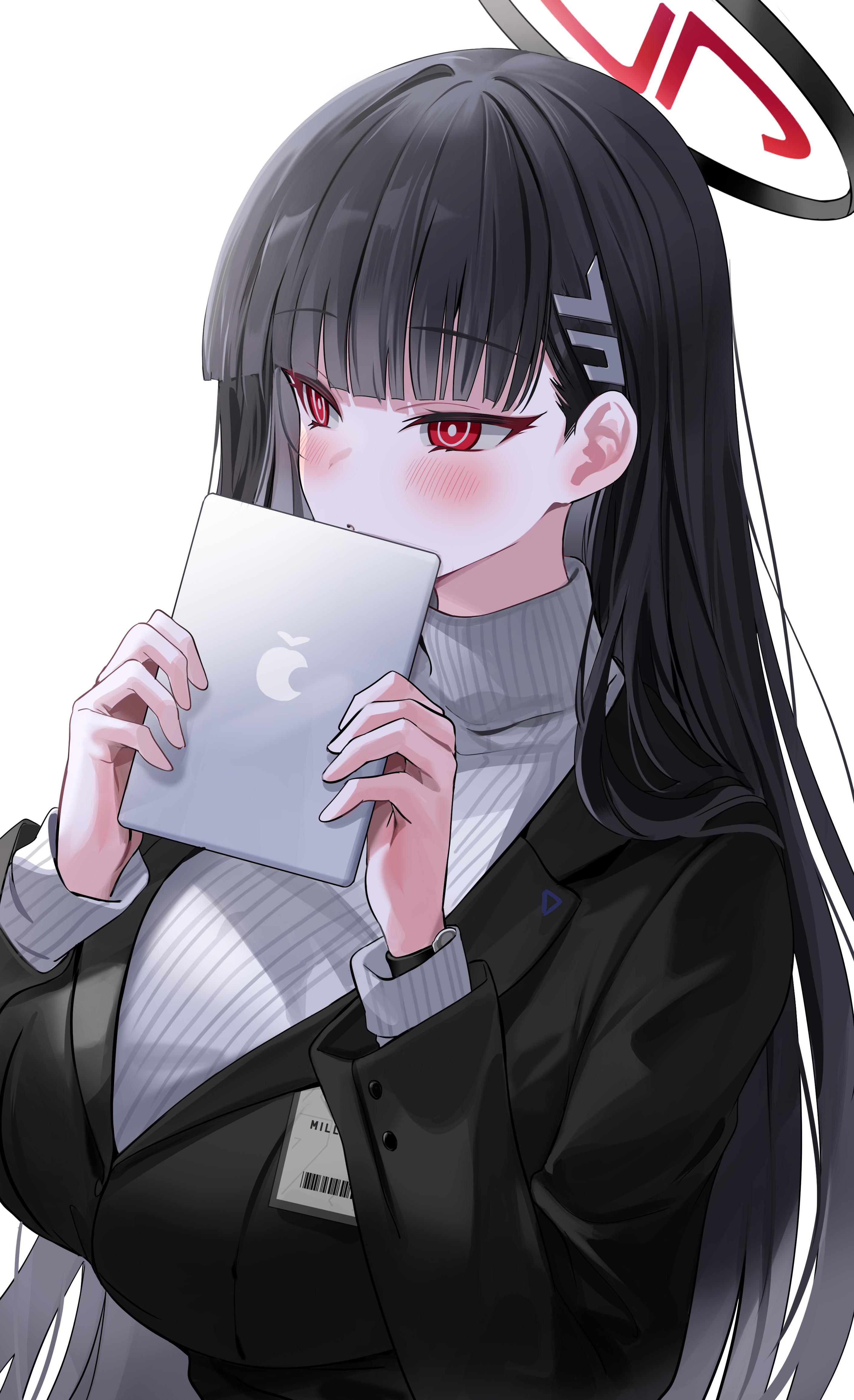 anime girl with black hair and red eyes