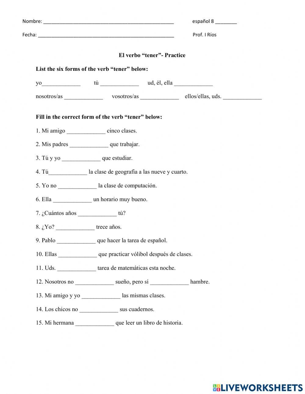 tener worksheet pdf