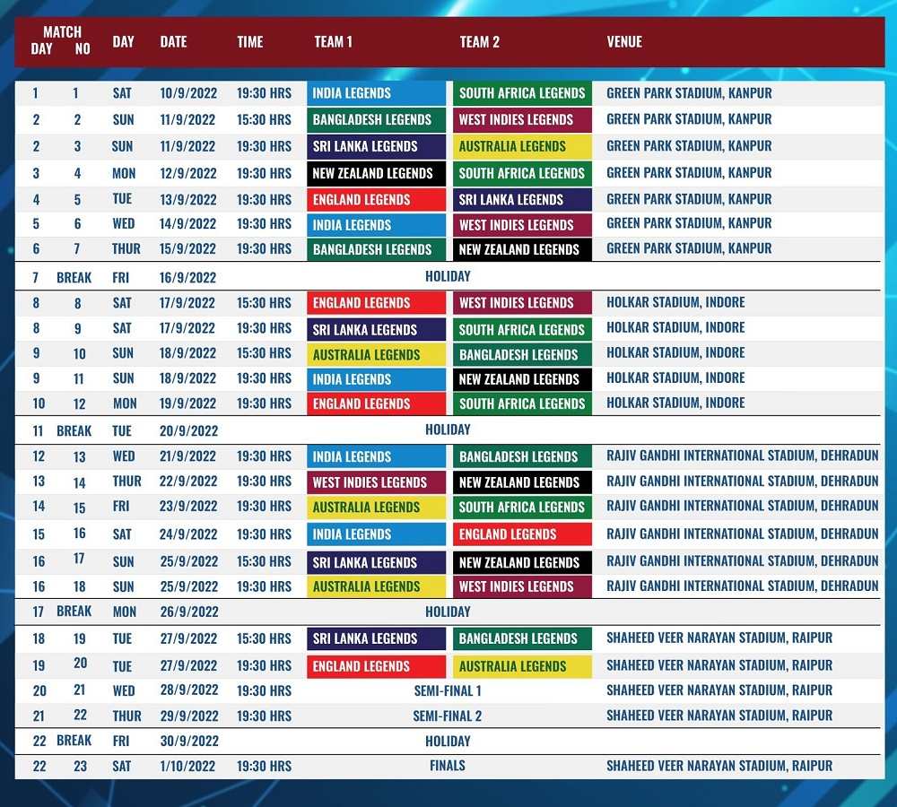 india legends time table 2022