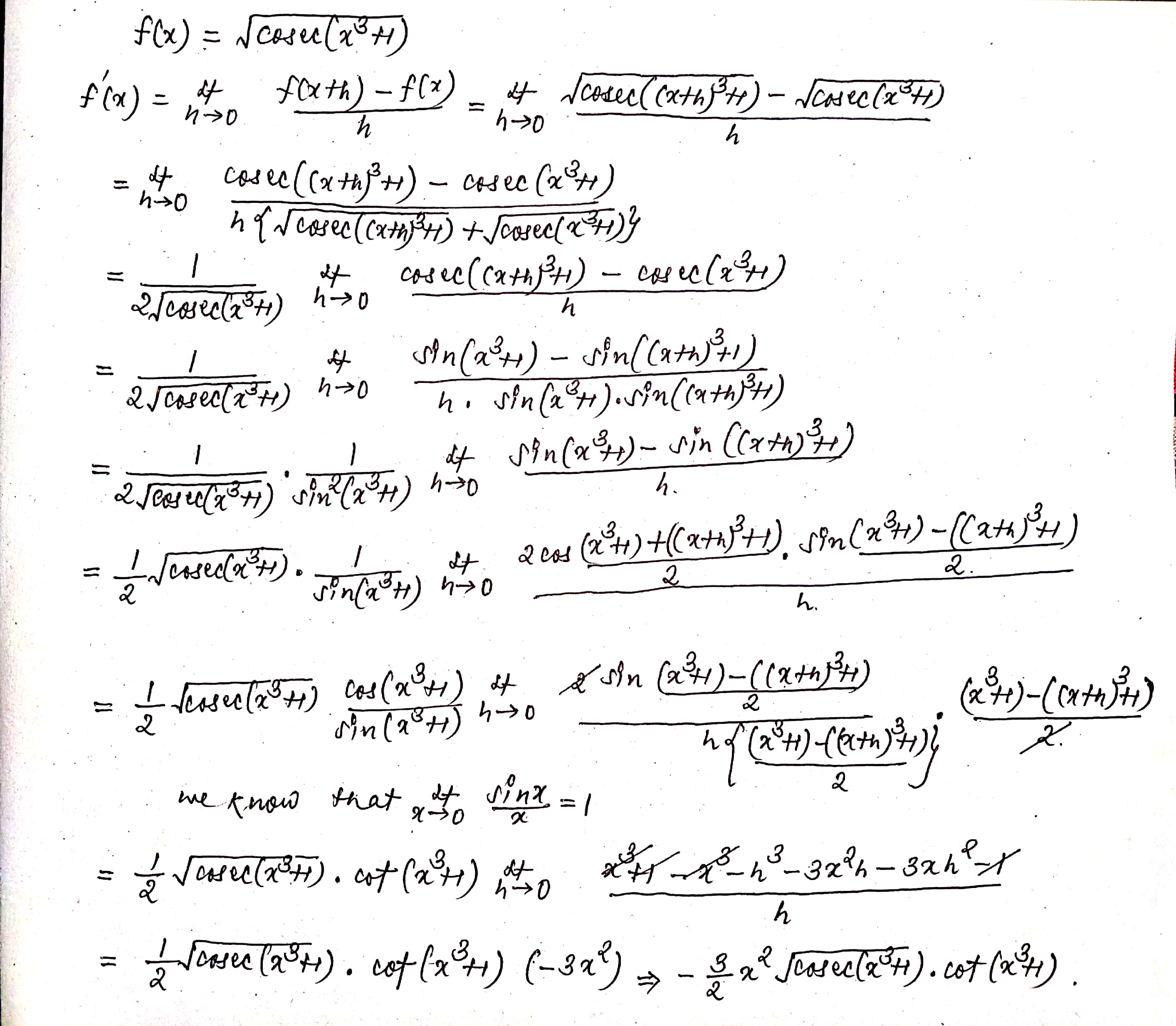 derivative of cosec x using first principle
