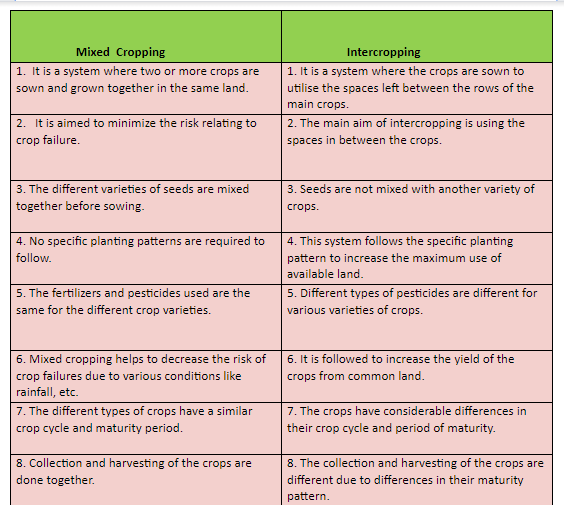difference between mixed cropping and intercropping class 9