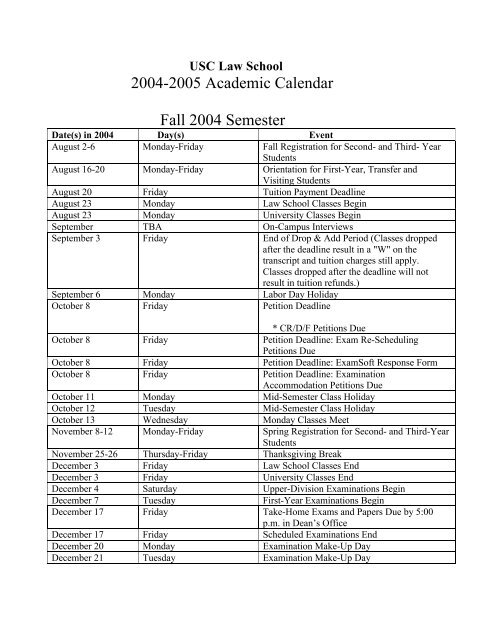 usc academic calander