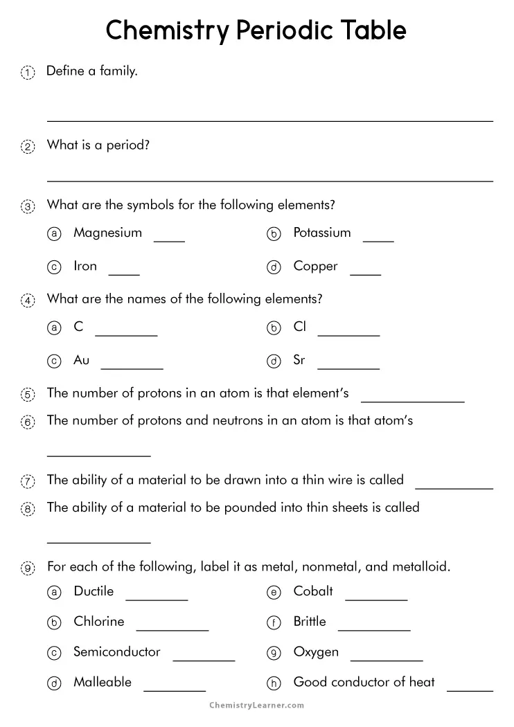 periodic table worksheet