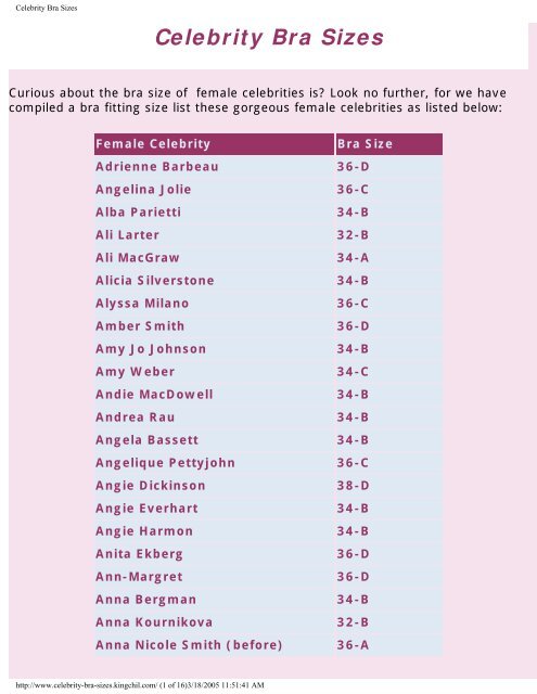 celebrity bra size chart