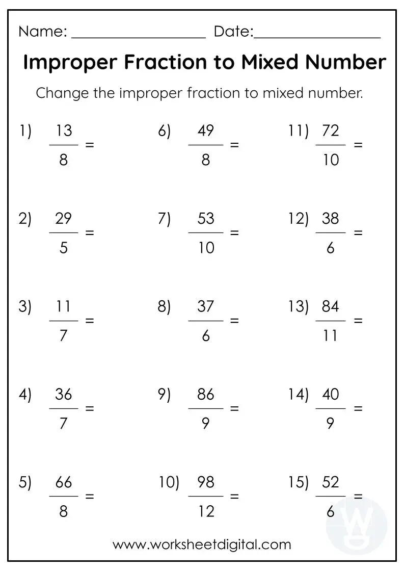 improper to mixed fractions worksheet