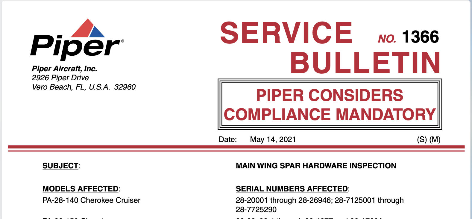 piper service bulletin