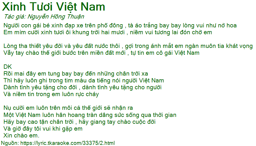 xinh tươi việt nam lyric