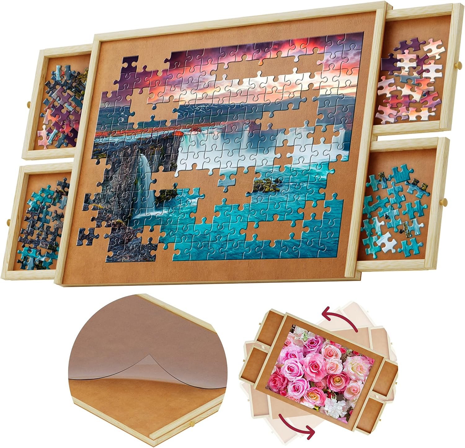 rotating puzzle board with drawers