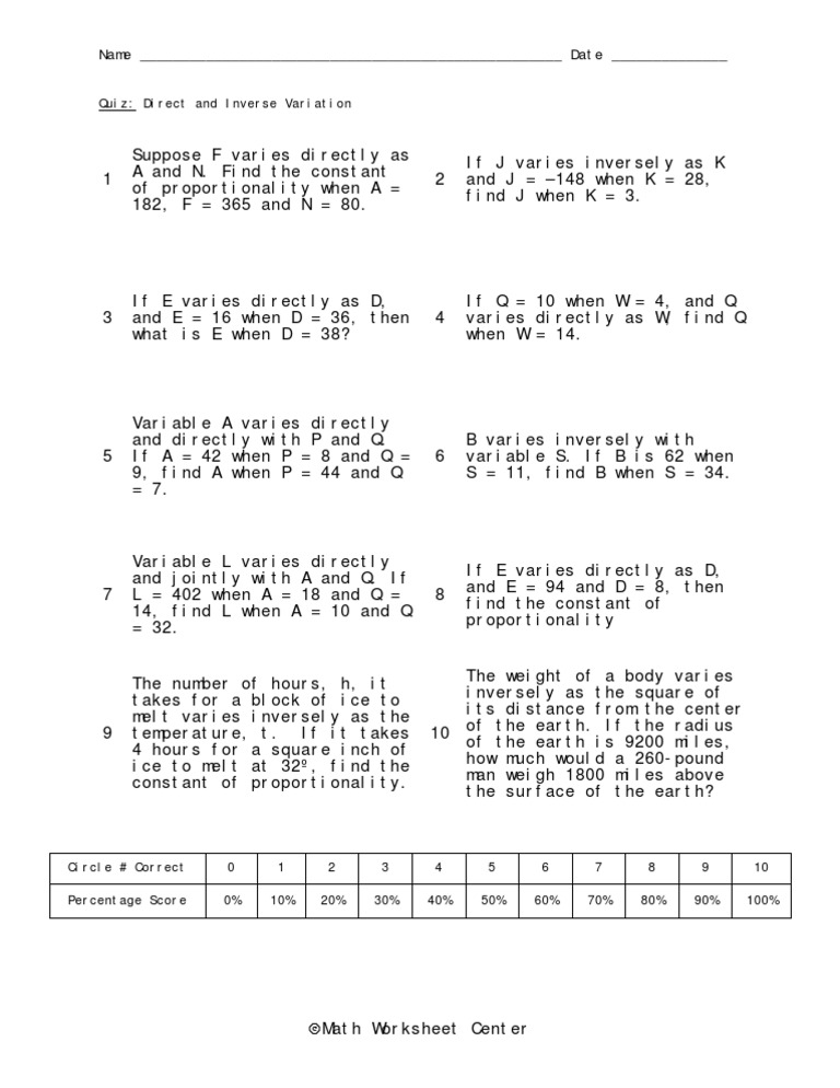 direct and inverse variation word problems worksheet with answers