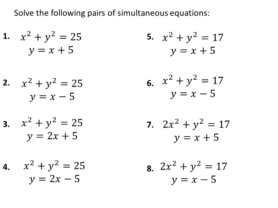 quadratic simultaneous equations worksheet