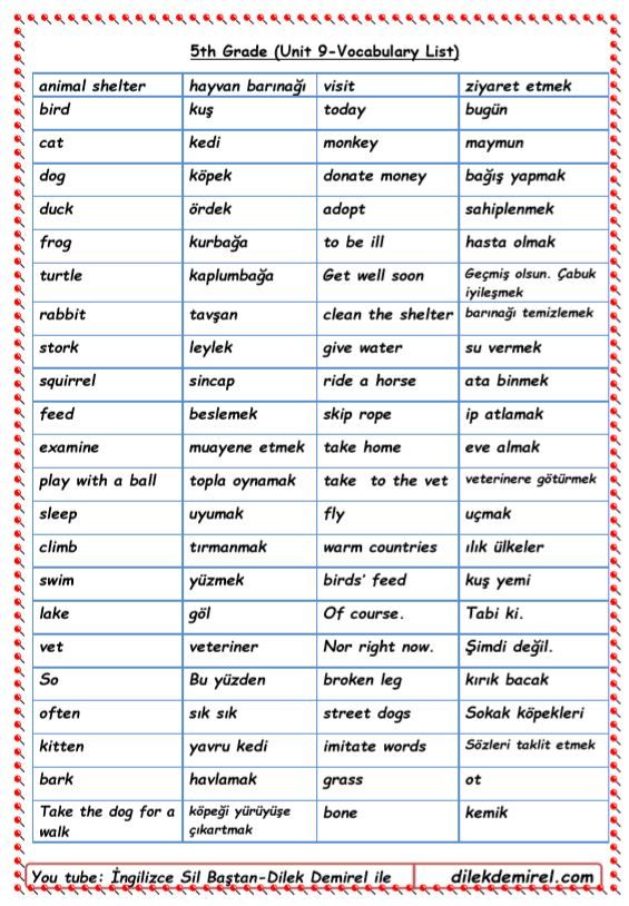 5 sinif ingilizce 5 ünite kelimeleri