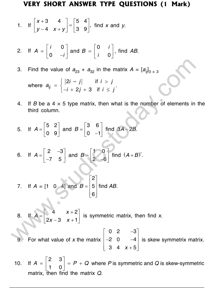 matrices and determinants class 12 worksheets