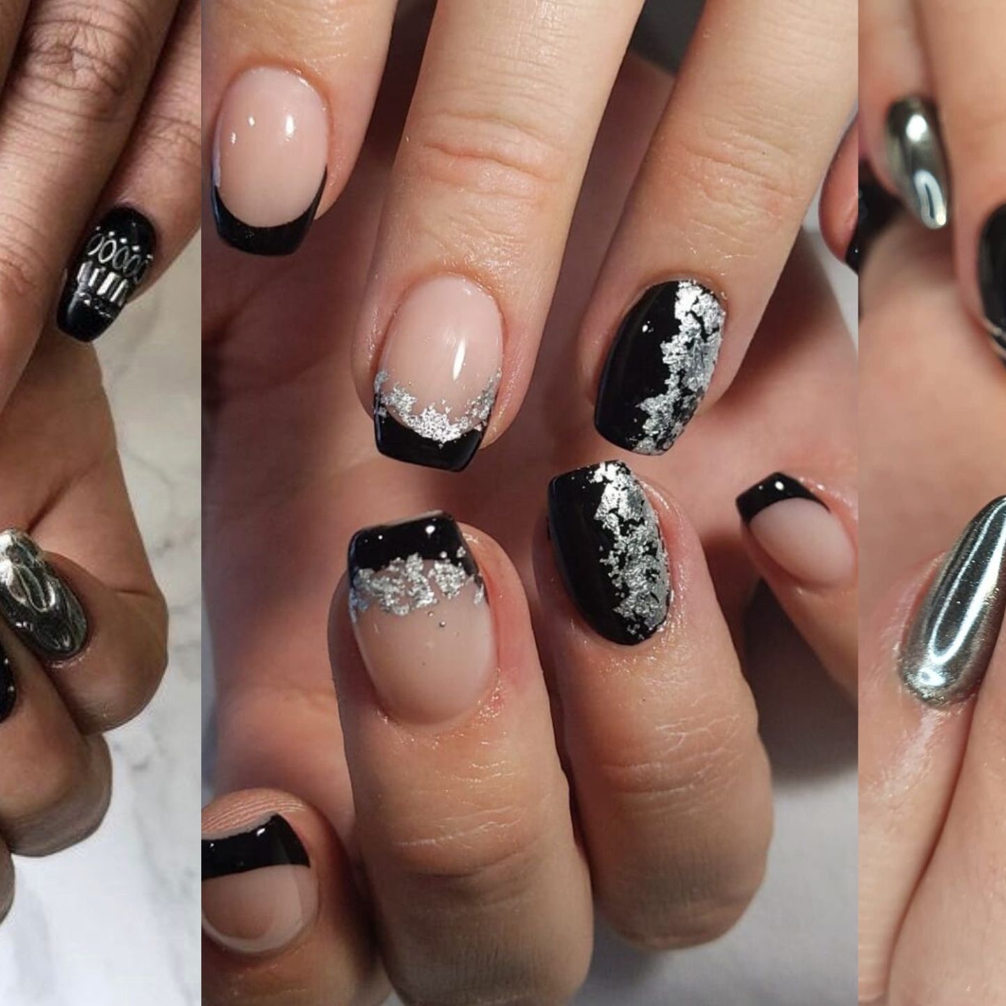 uñas negras con plata elegantes