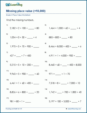 4 digit numbers place value worksheet