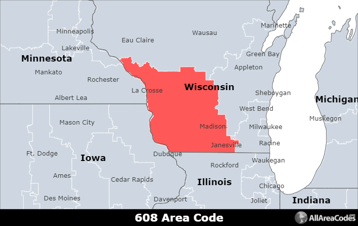 608 area code current time