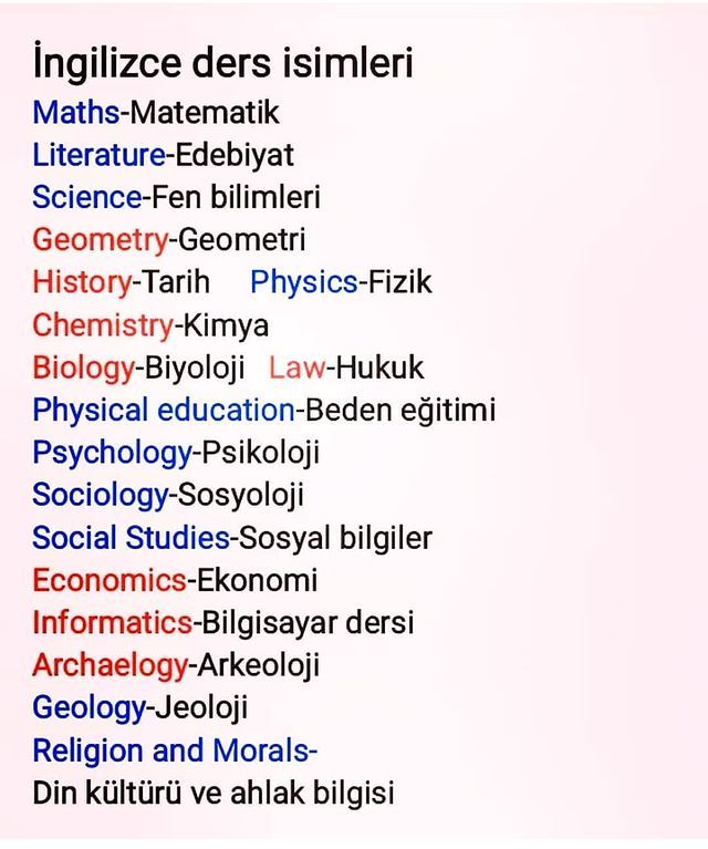 ingilizce ders isimleri ve türkçe anlamları