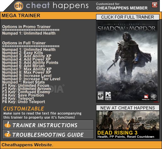 middle earth shadow of mordor trainer