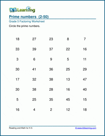 worksheet prime numbers