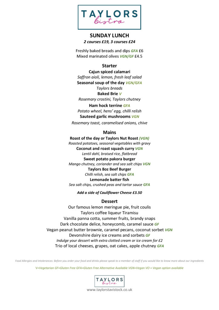 taylors restaurant tavistock menu