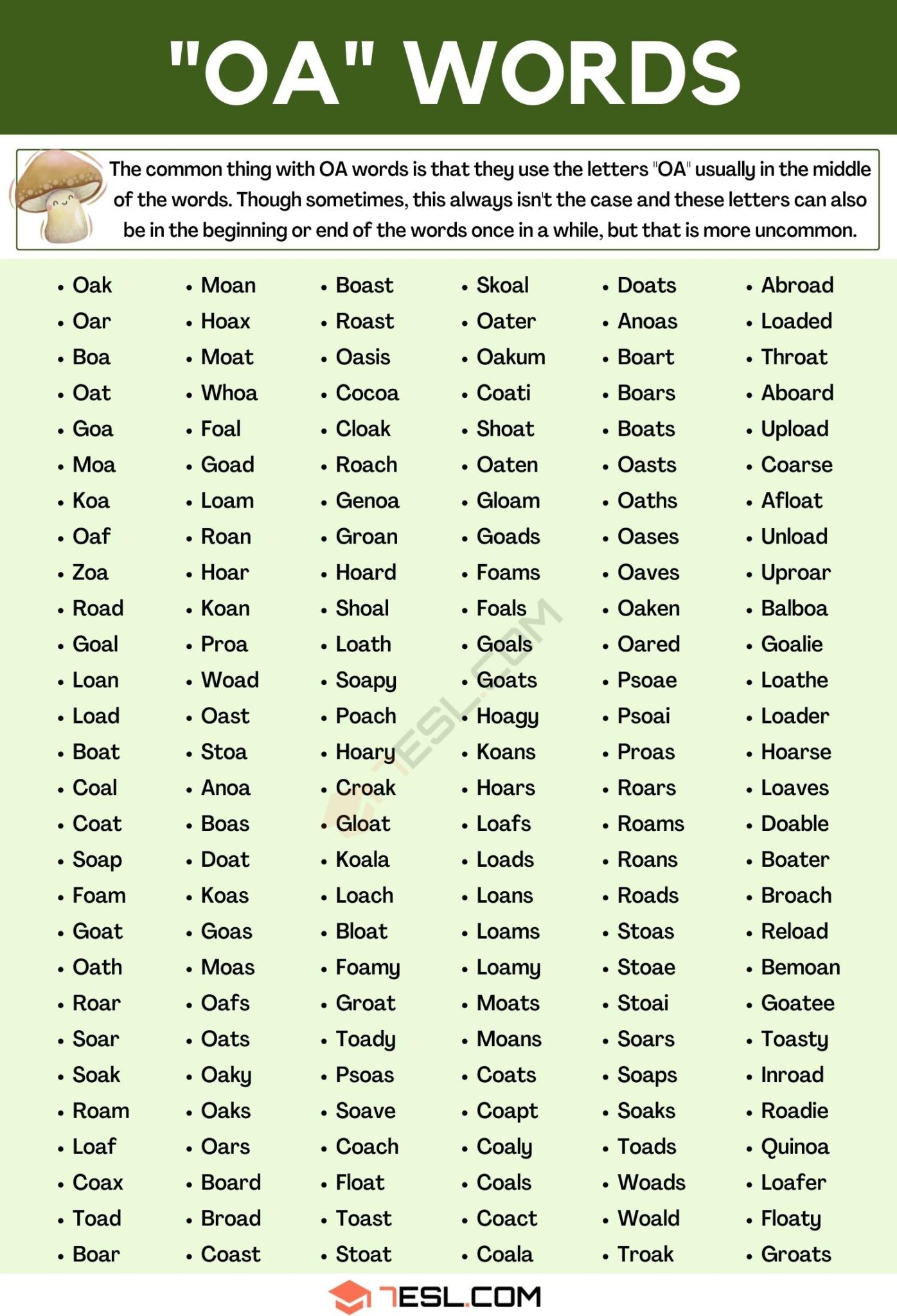 5 letter words that end in oa