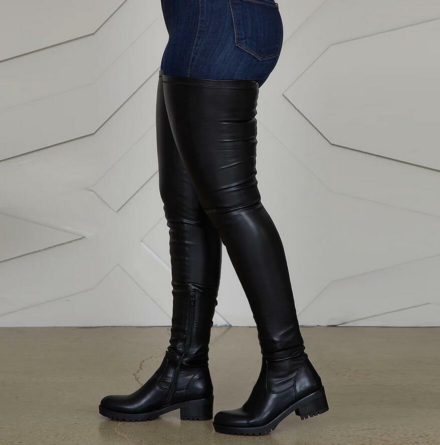 flat thigh high boots leather