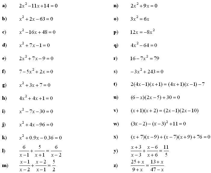 quadratic equations practice problems