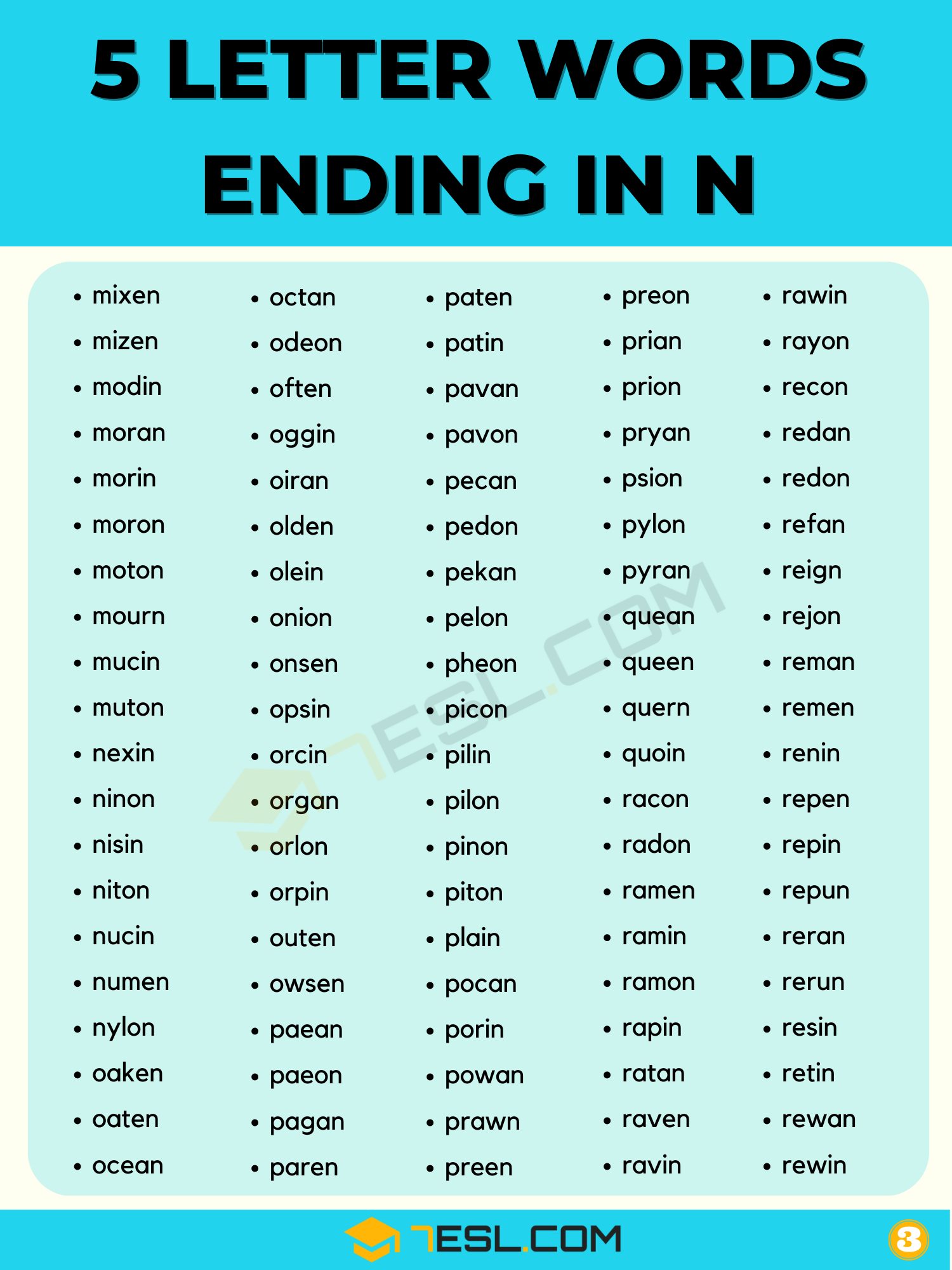 five letter words ending in n