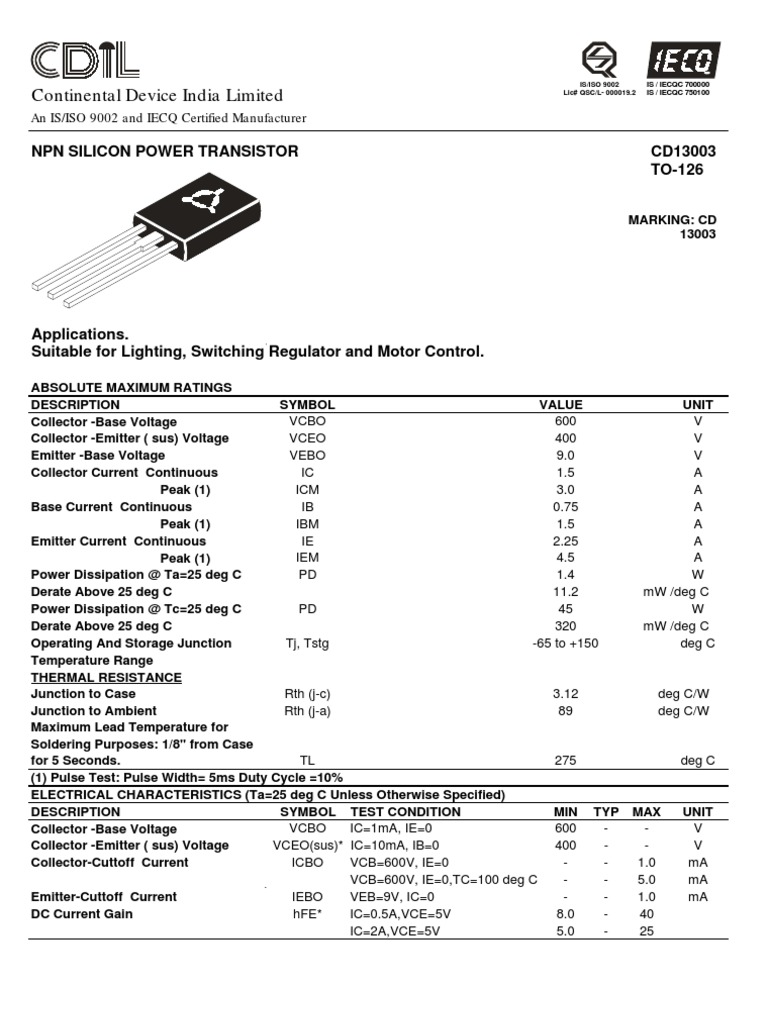transistor 13003 datasheet