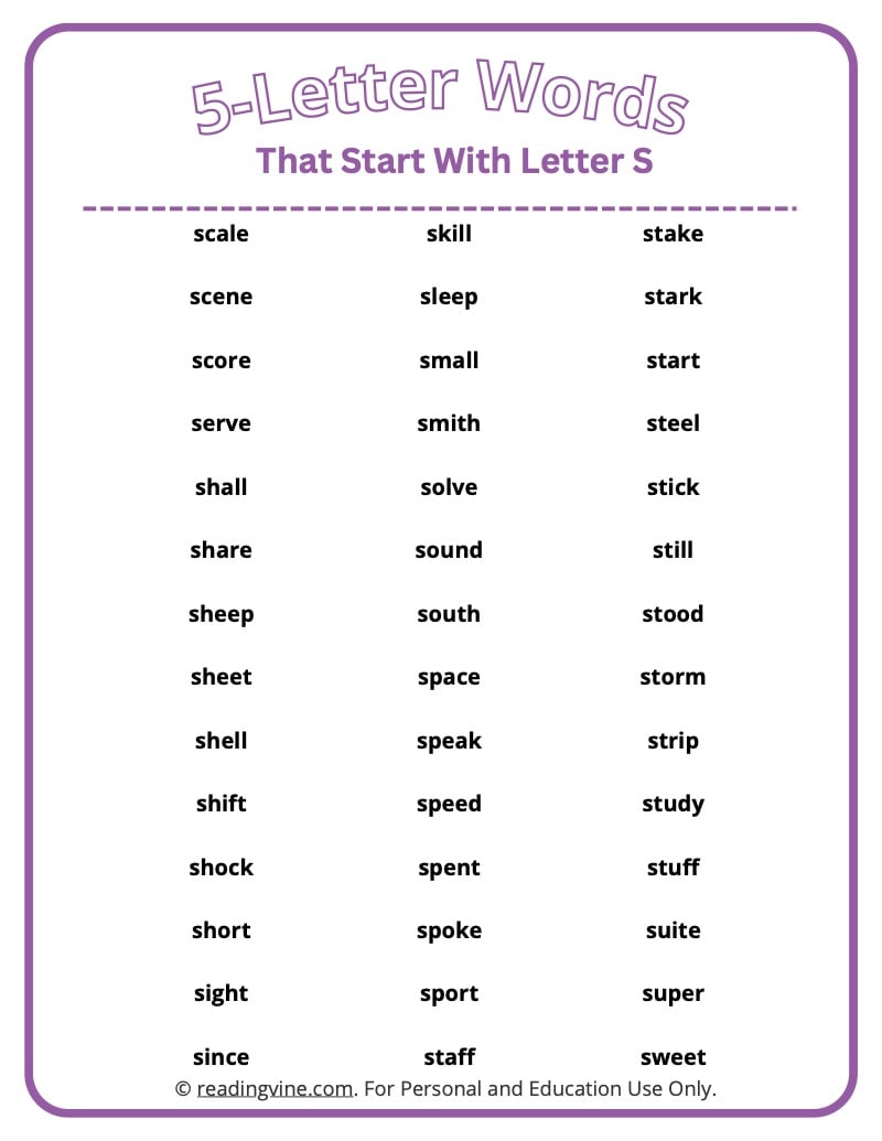 5 letter words starting with s