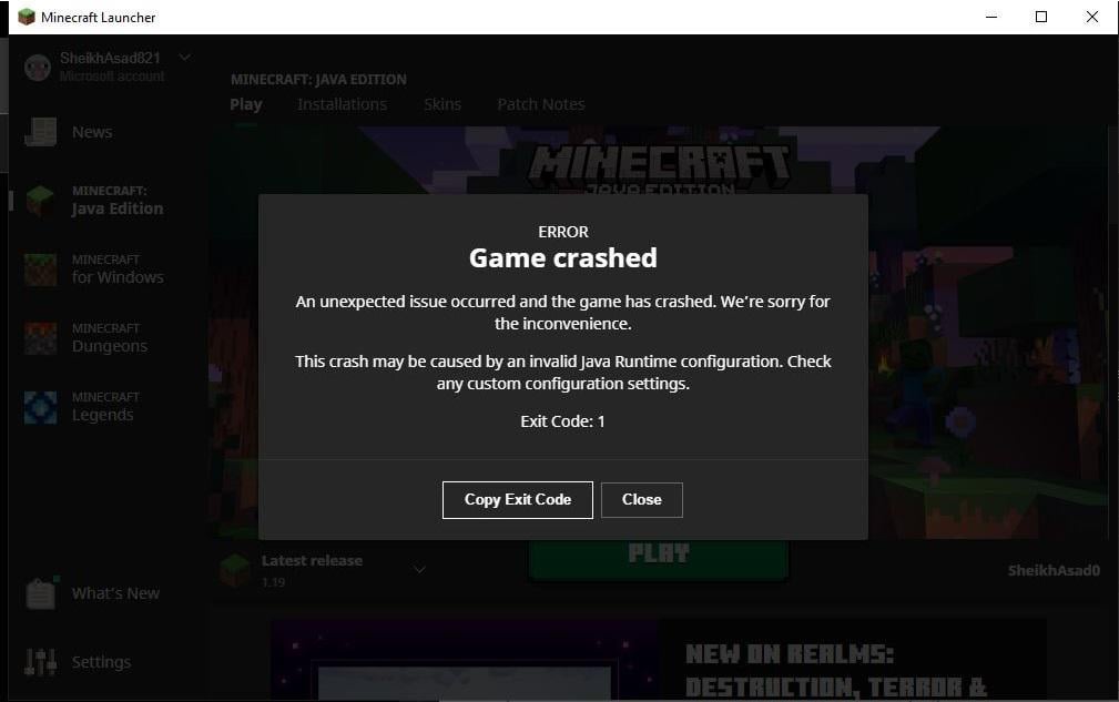 minecraft crash exit code 1